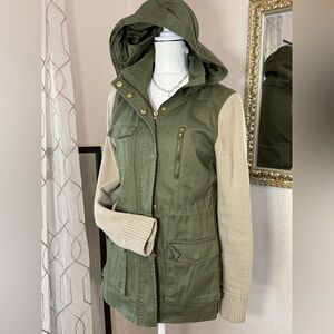 Harper Army Green Utility Cargo Jacket Knit Sleeves & Hood Womens Size Small